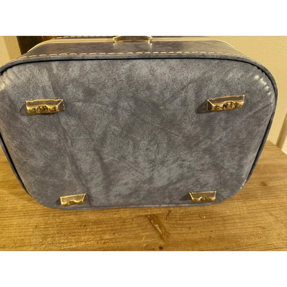 Vintage Blue Faux Leather Train Case Vanity Makeup‎ Travel Bag with Mirror
